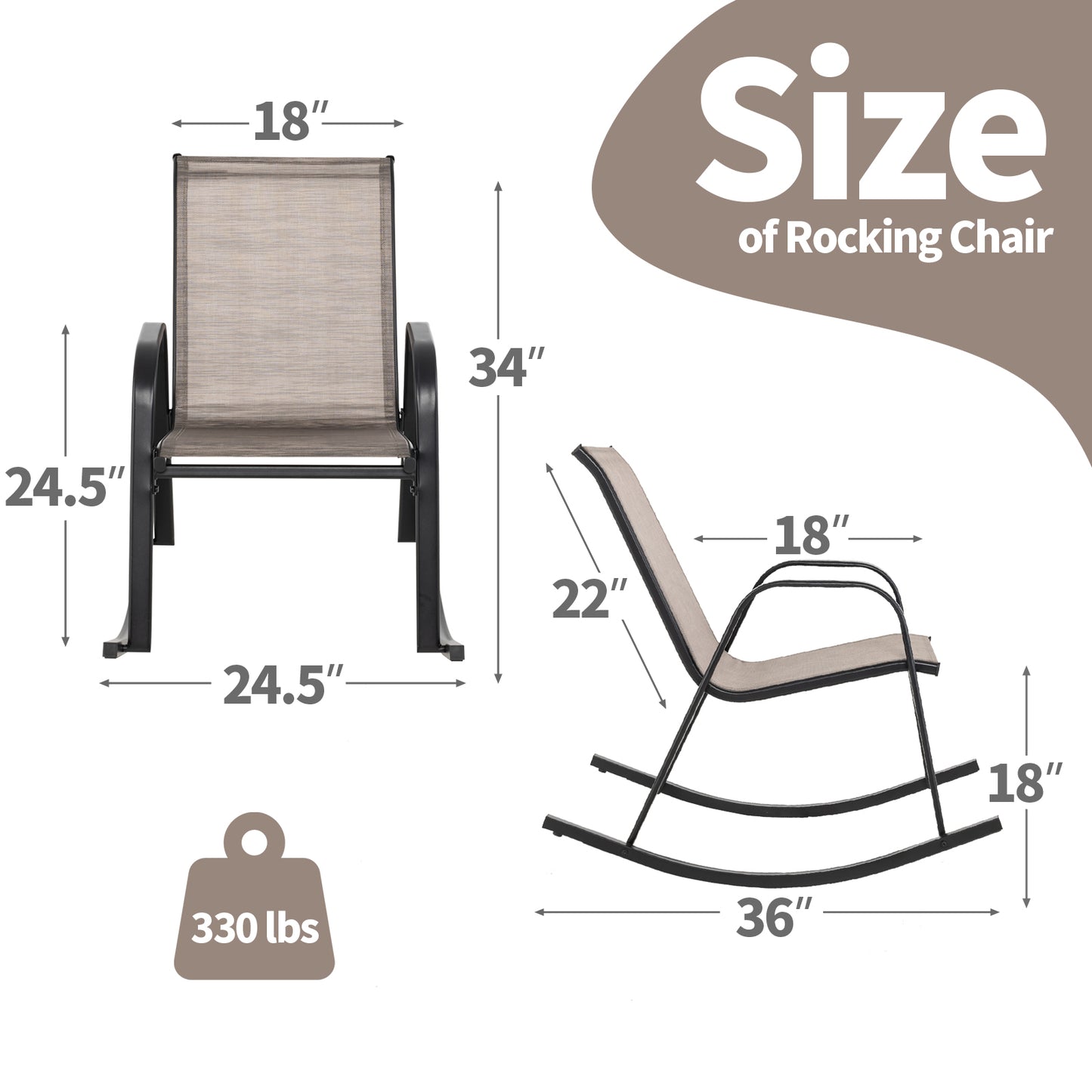 Set of 2 Heavy-Duty Metal Patio Rocking Chair with Breathable Seat Fabric-Brown