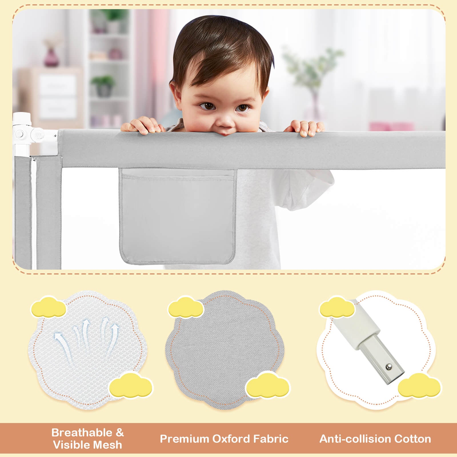 76.8 Inch Baby Bed Rail with Double Safety Child Lock