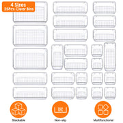 25Pcs Clear Plastic Drawer Organizers Set 4 Sizes