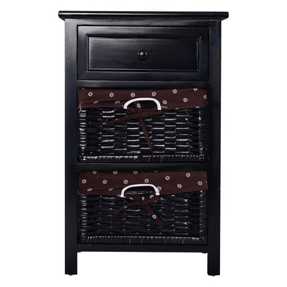 3 Tiers Wooden Storage Nightstand with 2 Baskets and 1 Drawer