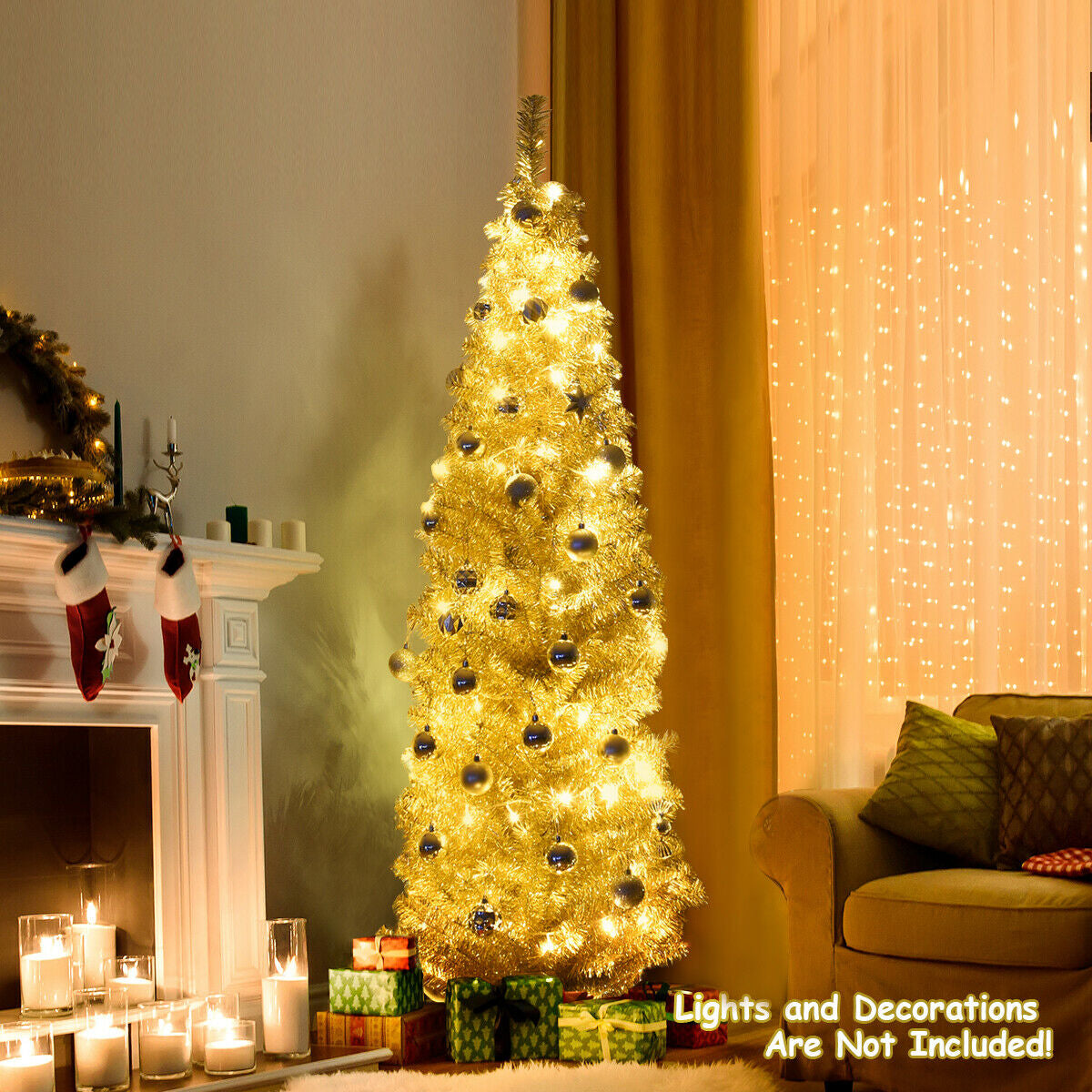 6 Feet Tinsel Tree Unlit Slim Pencil Christmas Tree-Yellow