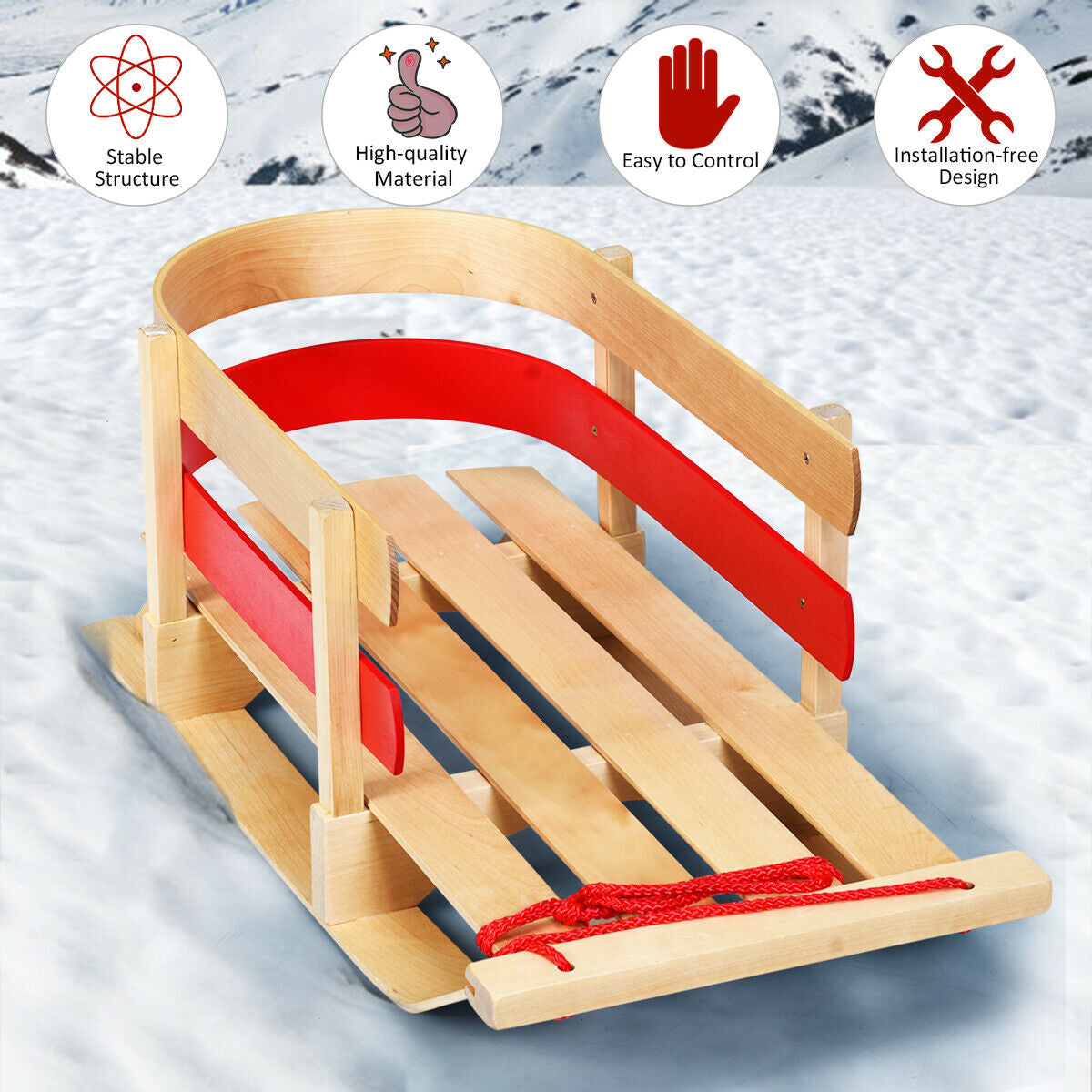 Outdoor Play Baby Kids Wooden Sled with Solid Wood Seat