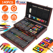 140Pcs Art Supplies With Colored Pencils Oil Pastels Crayons, Watercolor Cakes Brushes Sharpener Eraser In Elegant Wooden Box Professional Art Kit For