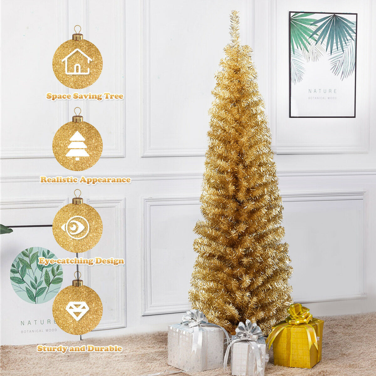 6 Feet Tinsel Tree Unlit Slim Pencil Christmas Tree-Yellow