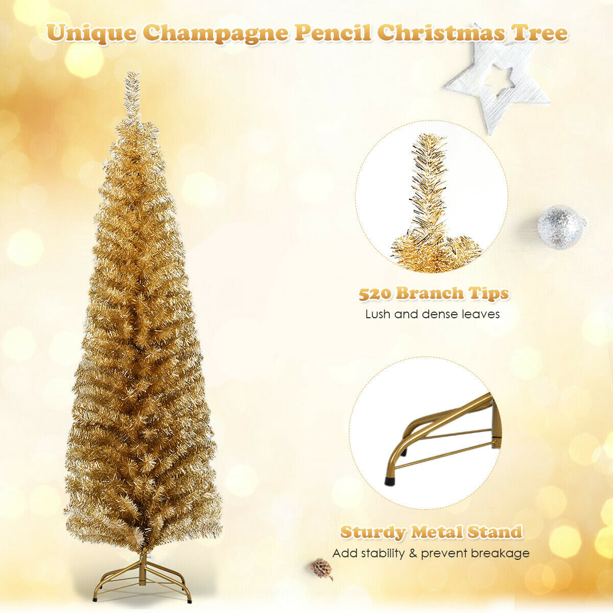 6 Feet Tinsel Tree Unlit Slim Pencil Christmas Tree-Yellow