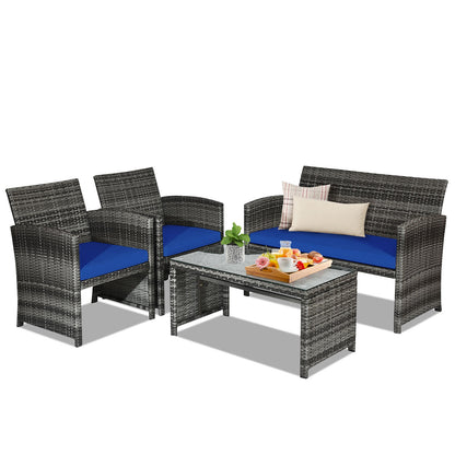 4 Pieces Patio Rattan Furniture Set with Glass Table and Loveseat-Gray - Navy