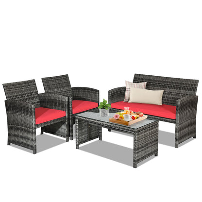 4 Pieces Patio Rattan Furniture Set with Glass Table and Loveseat-Gray - Red