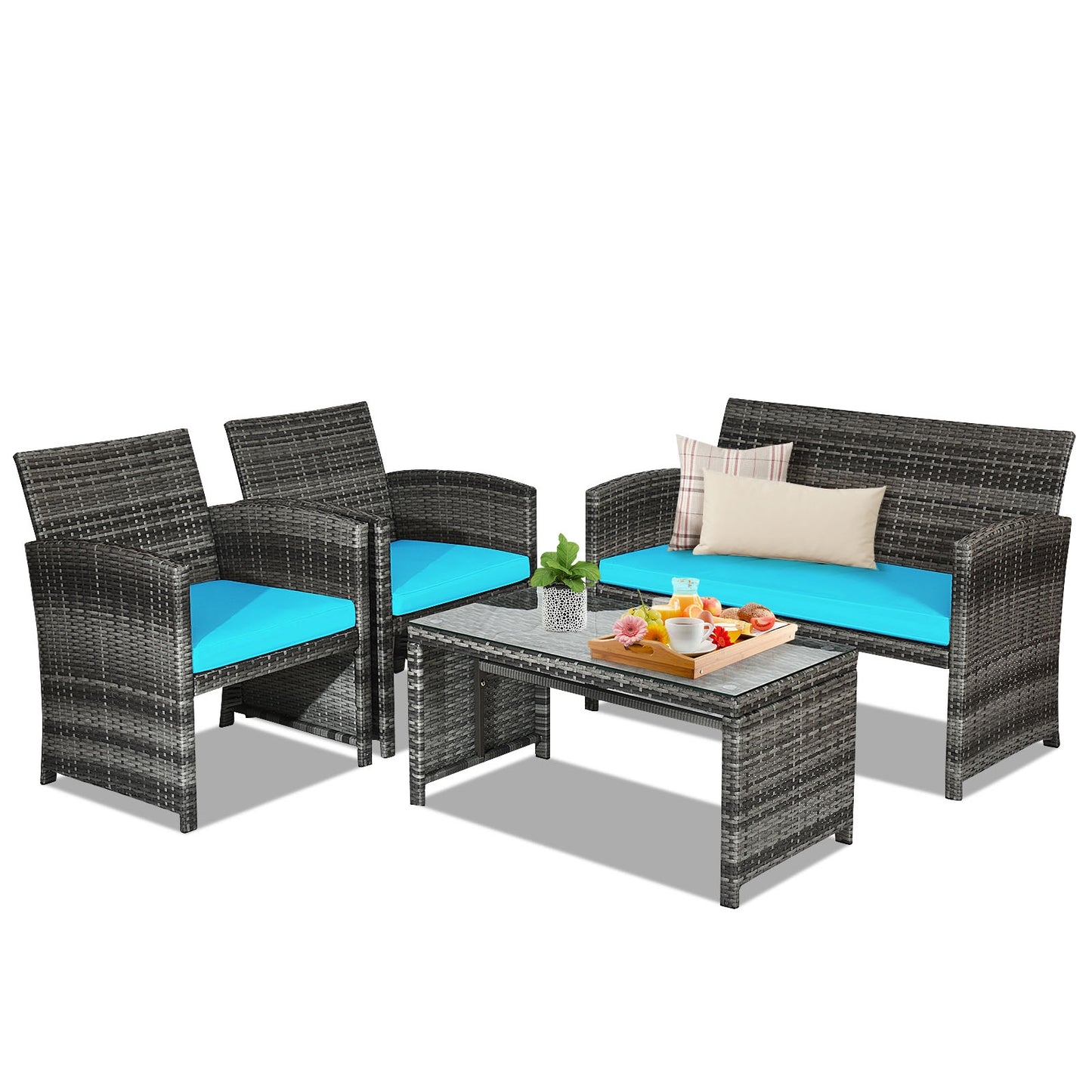 4 Pieces Patio Rattan Furniture Set with Glass Table and Loveseat-Gray - Turquoise
