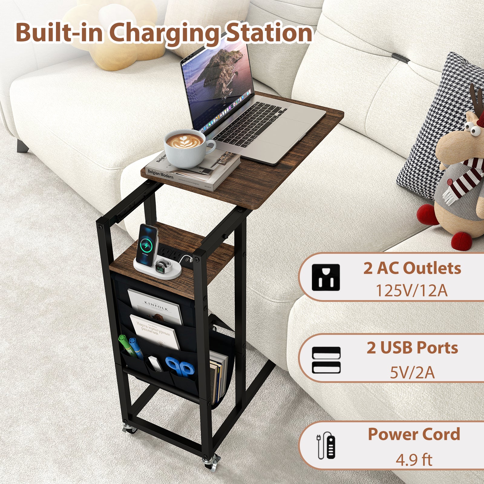 C-shaped End Table with Charging Station and Retractable Tabletop-Coffee