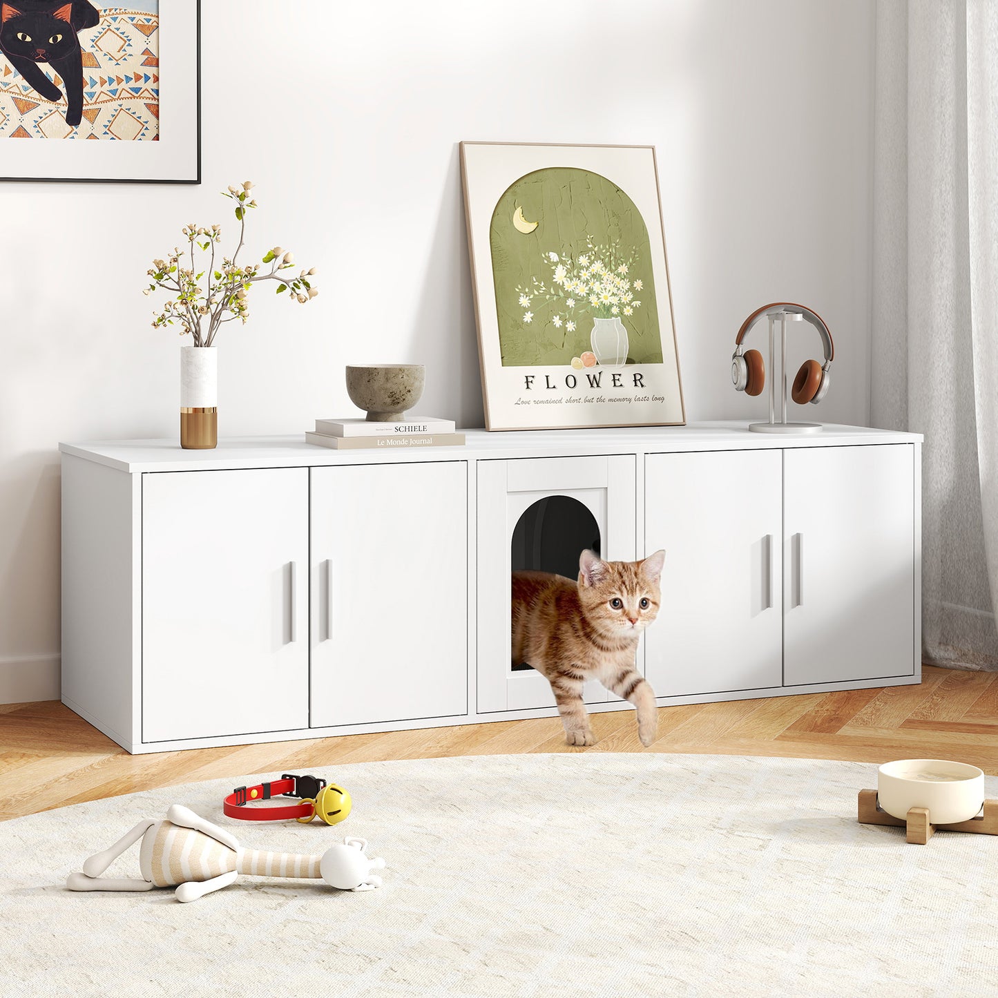 Cat Litter Box Enclosure for 2 Cats with Double Rooms and Sisal Scratching Mat-White