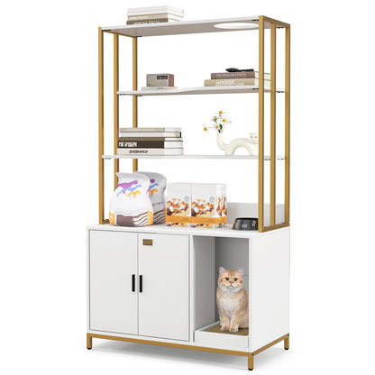 Cat Litter Box Enclosure with Storage and 3-tier Shelves-White - White