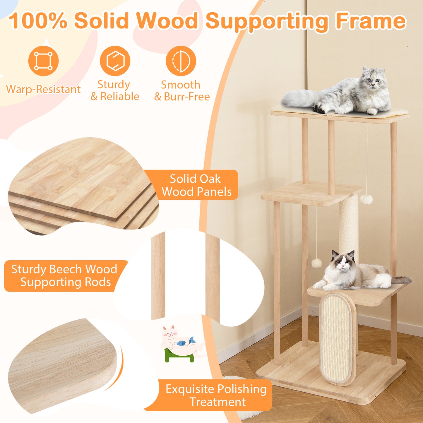 Wooden Multi-level Modern Cat Tower with Scratching Board and Post
