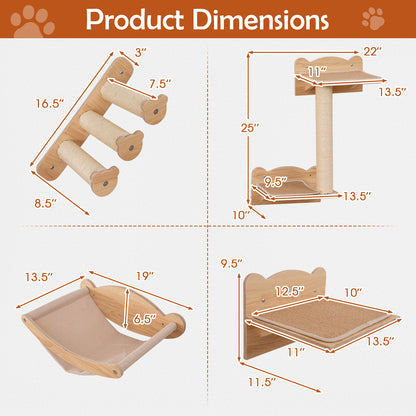 Cat Wall Furniture Set of 4 with Hammock 2-step Cat Tree and Perch-Natural