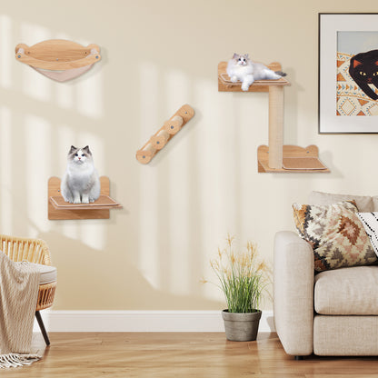 Cat Wall Furniture Set of 4 with Hammock 2-step Cat Tree and Perch-Natural