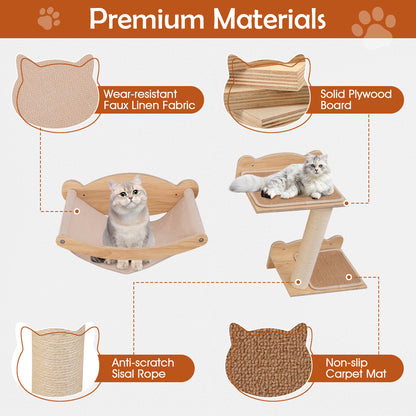 Cat Wall Furniture Set of 4 with Hammock 2-step Cat Tree and Perch-Natural