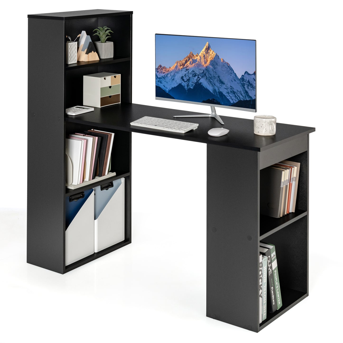 Computer Desk Writing Workstation Office with 6-Tier Storage Shelves-Black - Black