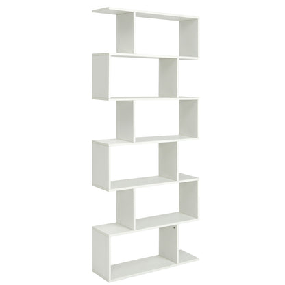 6 Tier S-Shaped Bookshelf Storage Display Bookcase Decor Z-Shelf -White - White