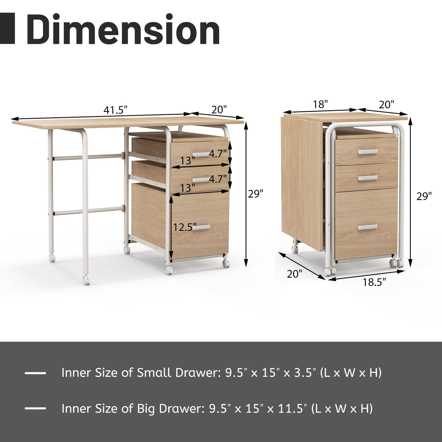 Home Office Folding Computer Laptop Desk Wheeled with 3 Drawers-White - Natural