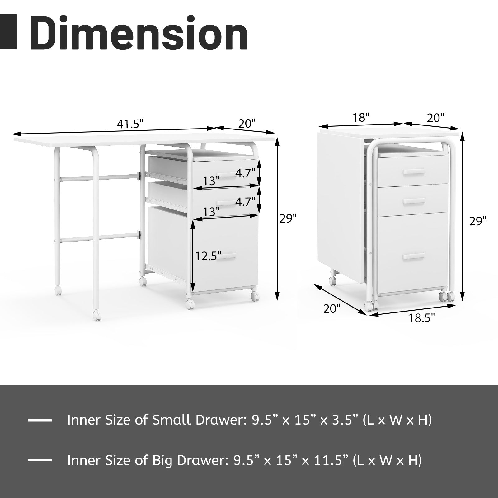 Home Office Folding Computer Laptop Desk Wheeled with 3 Drawers-White - White