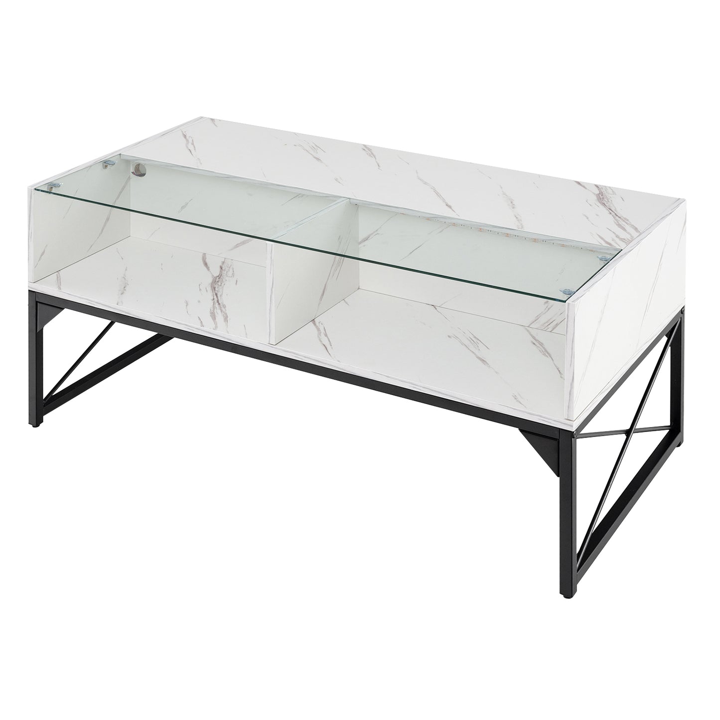 Center Table with Faux Marble and Tempered Glass Top-Black - White