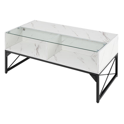 Center Table with Faux Marble and Tempered Glass Top-Black - White