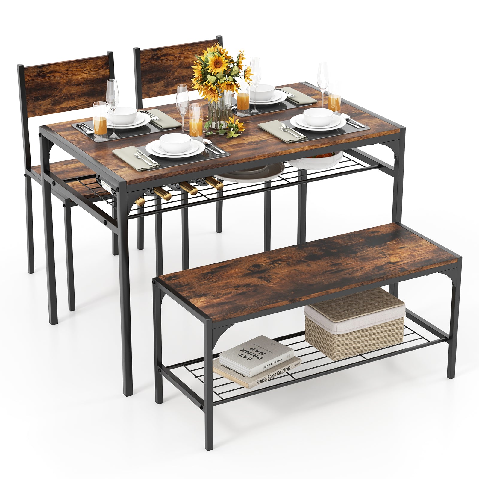 Industrial Style Rectangular Kitchen Table with Bench and Chairs-Walnut - Rustic Brown