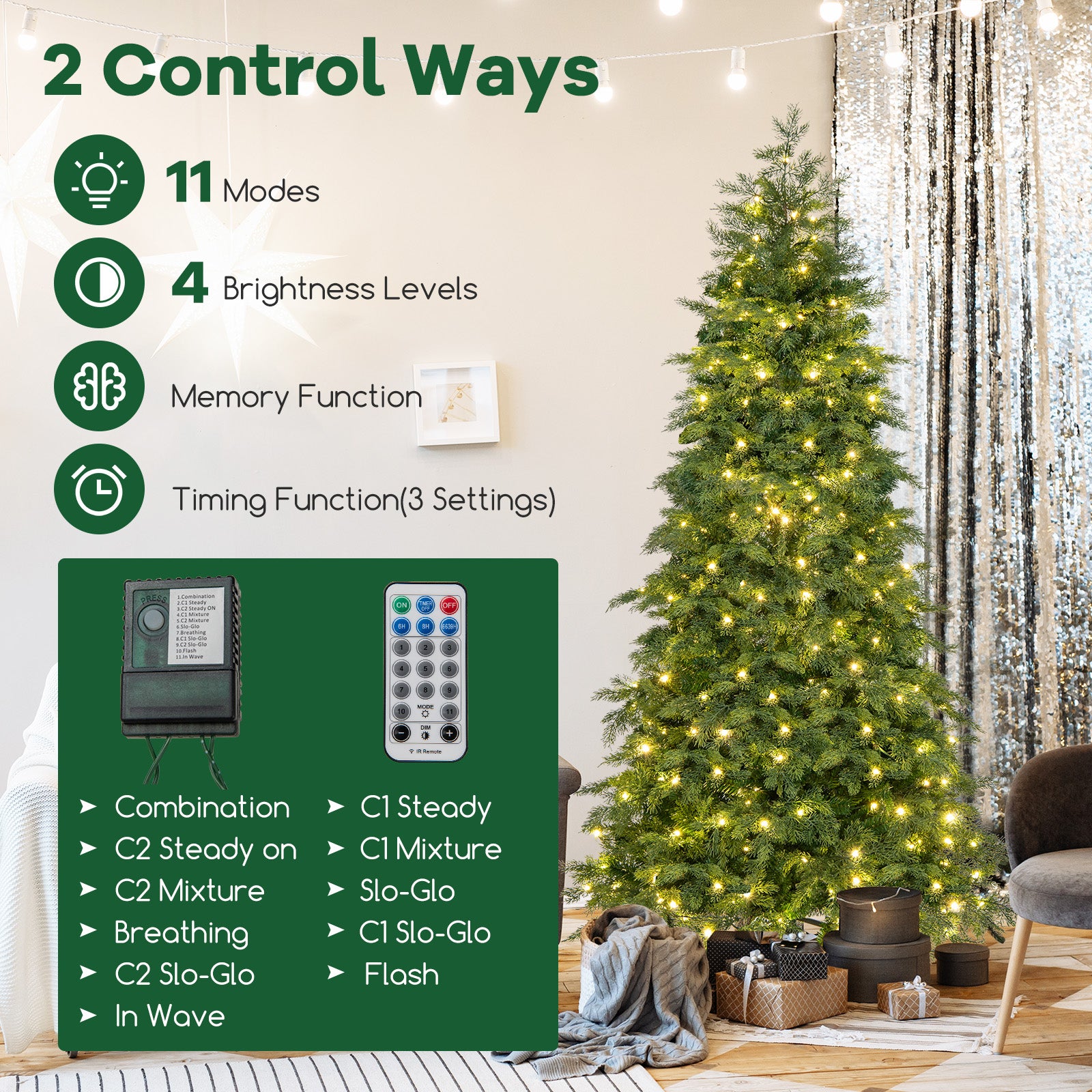 6/7.5 Feet Pre-Lit Artificial Christmas Tree with 11 Modes and Metal Stand-6 ft