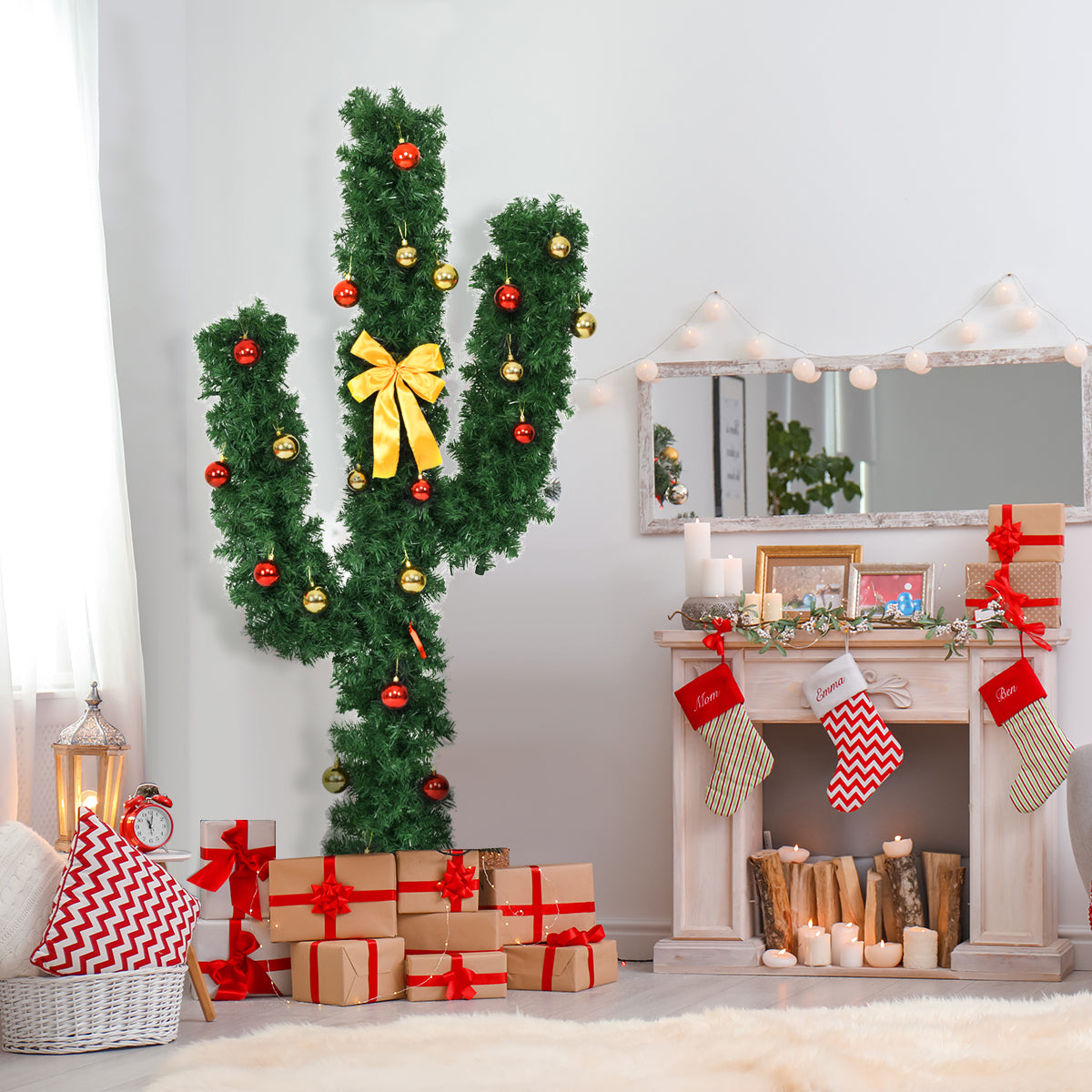 6 Feet Artificial Cactus PVC Christmas Tree with LED Lights and Ball Ornaments