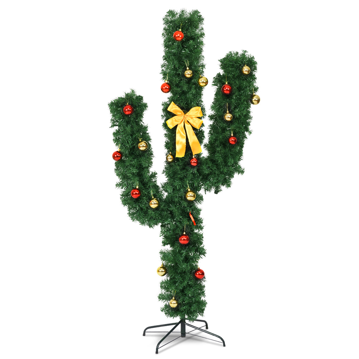 6 Feet Artificial Cactus PVC Christmas Tree with LED Lights and Ball Ornaments-6 ft - 7 Ft