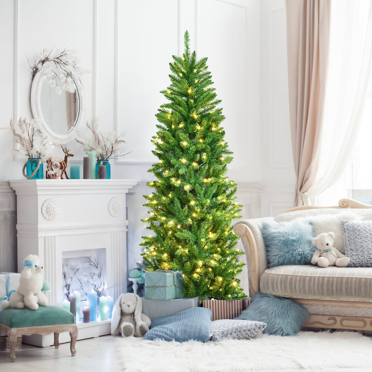6 Feet PVC Hinged Pre-lit Artificial Fir Pencil Christmas Tree with 150 Lights-6 ft