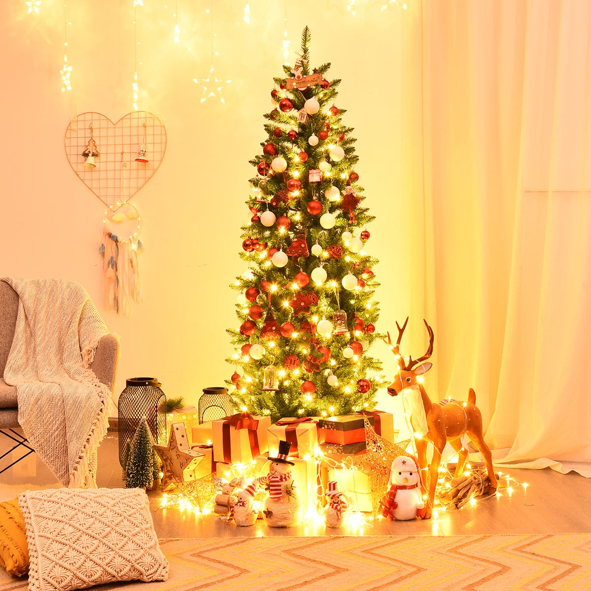 6 Feet PVC Hinged Pre-lit Artificial Fir Pencil Christmas Tree with 150 Lights-6 ft