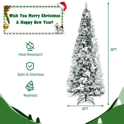 Snow Flocked Christmas Pencil Tree with Berries and Poinsettia Flowers- 8 ft