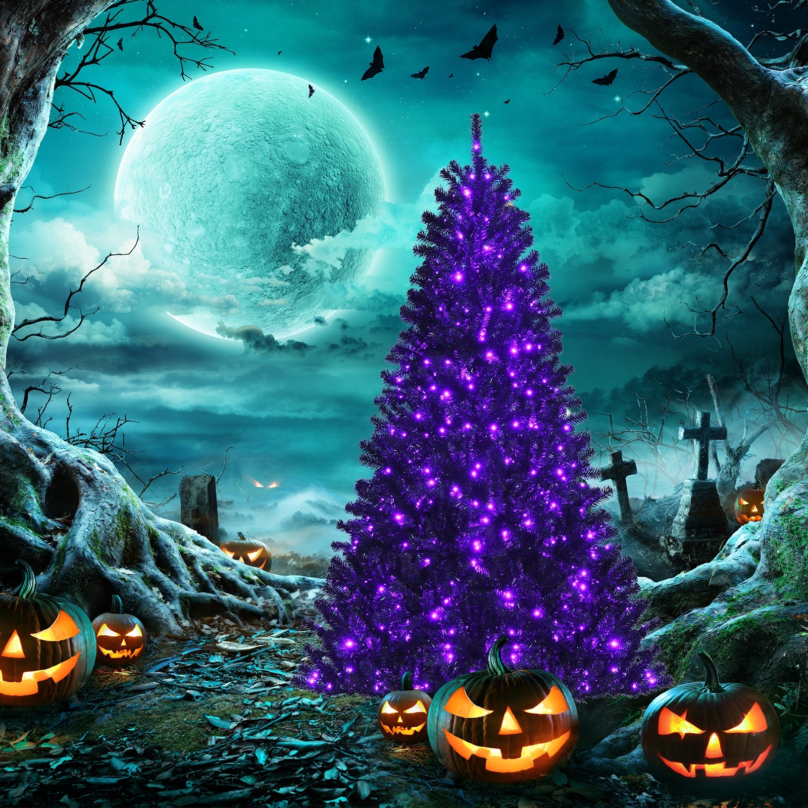 Black Artificial Christmas Halloween Tree with Purple LED Lights-6 ft