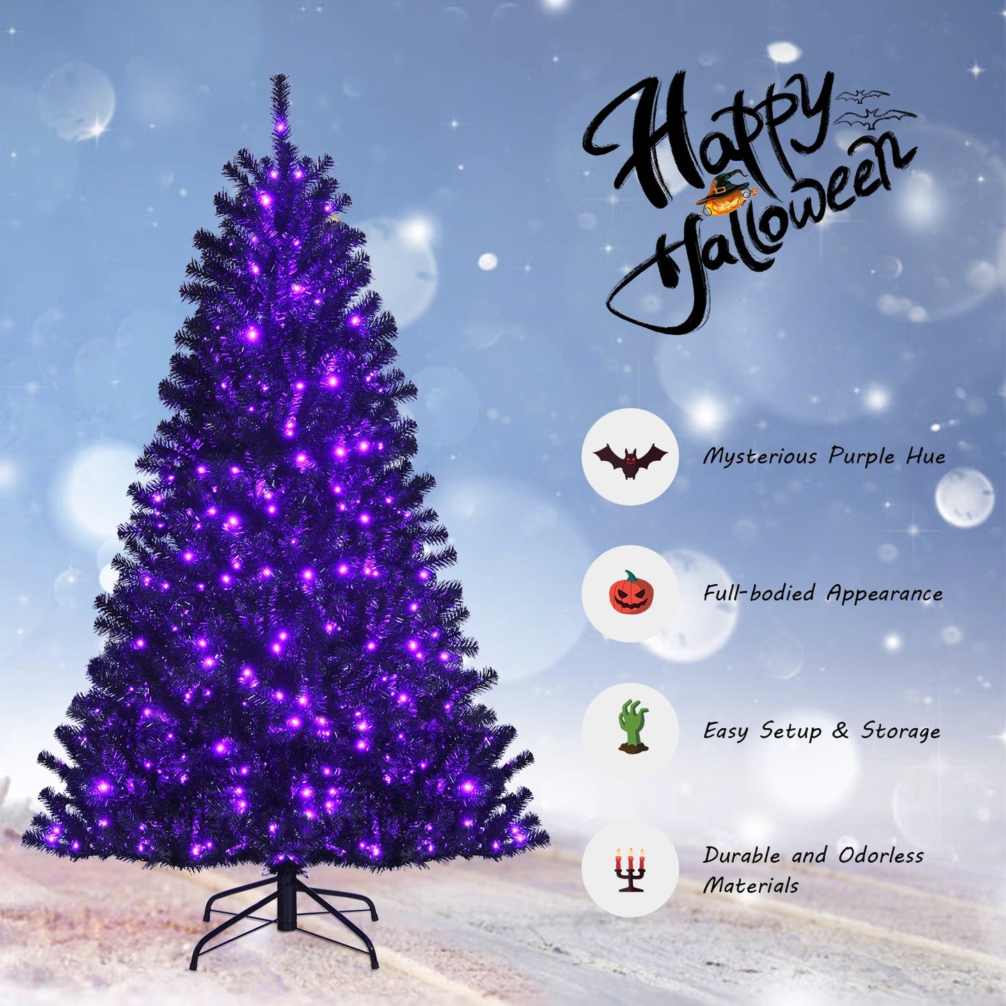 Black Artificial Christmas Halloween Tree with Purple LED Lights-6 ft