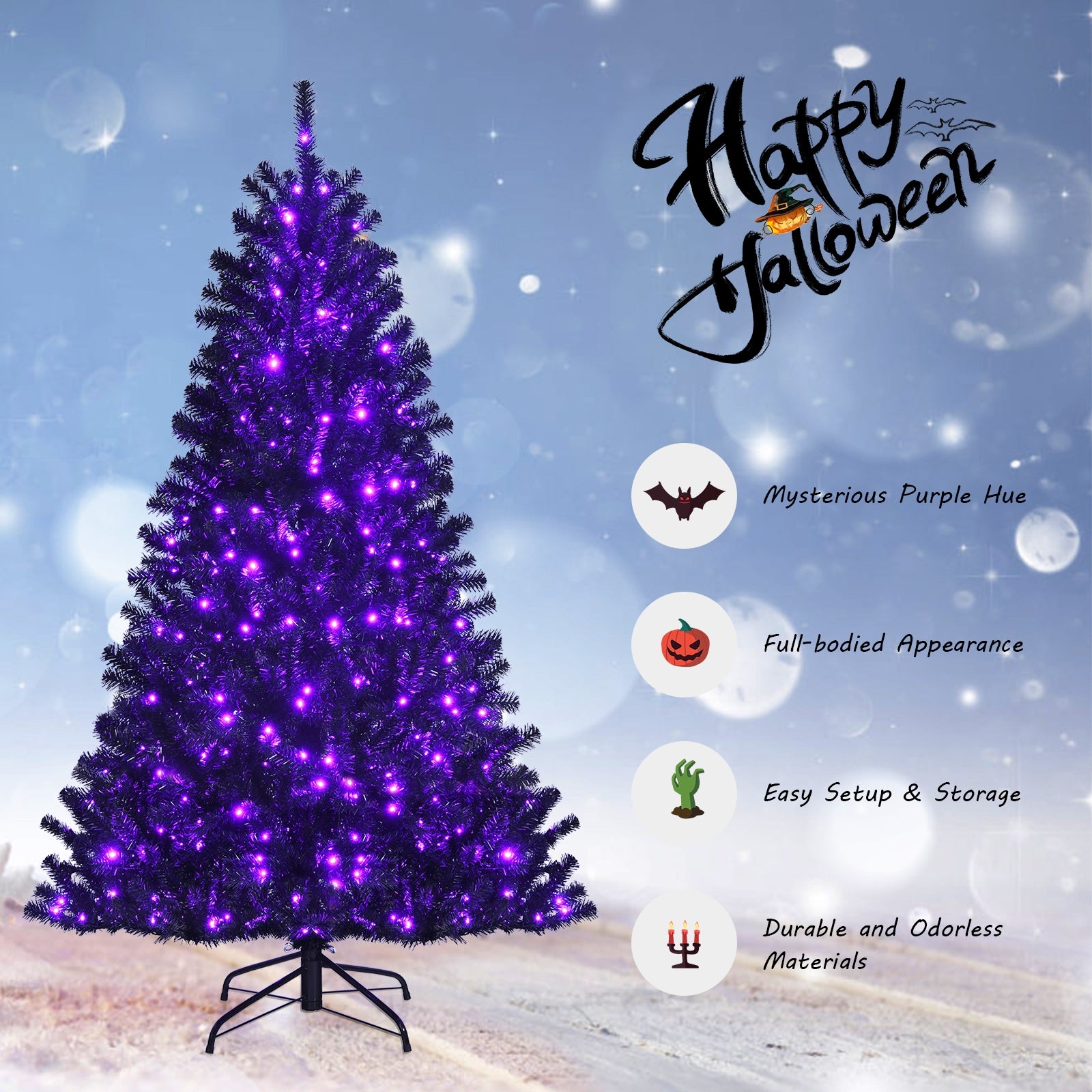 Black Artificial Christmas Halloween Tree with Purple LED Lights-6 ft