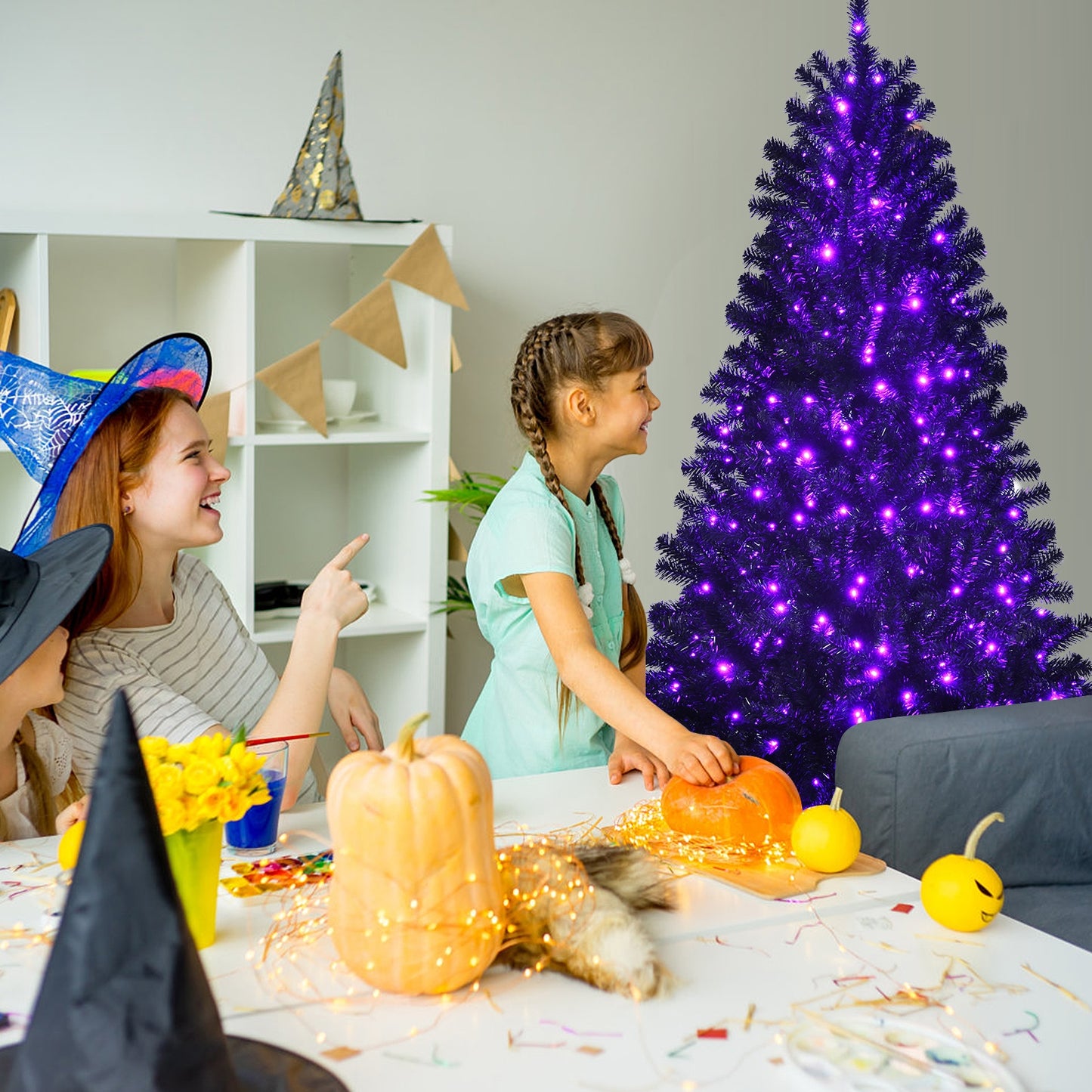 Black Artificial Christmas Halloween Tree with Purple LED Lights-6 ft