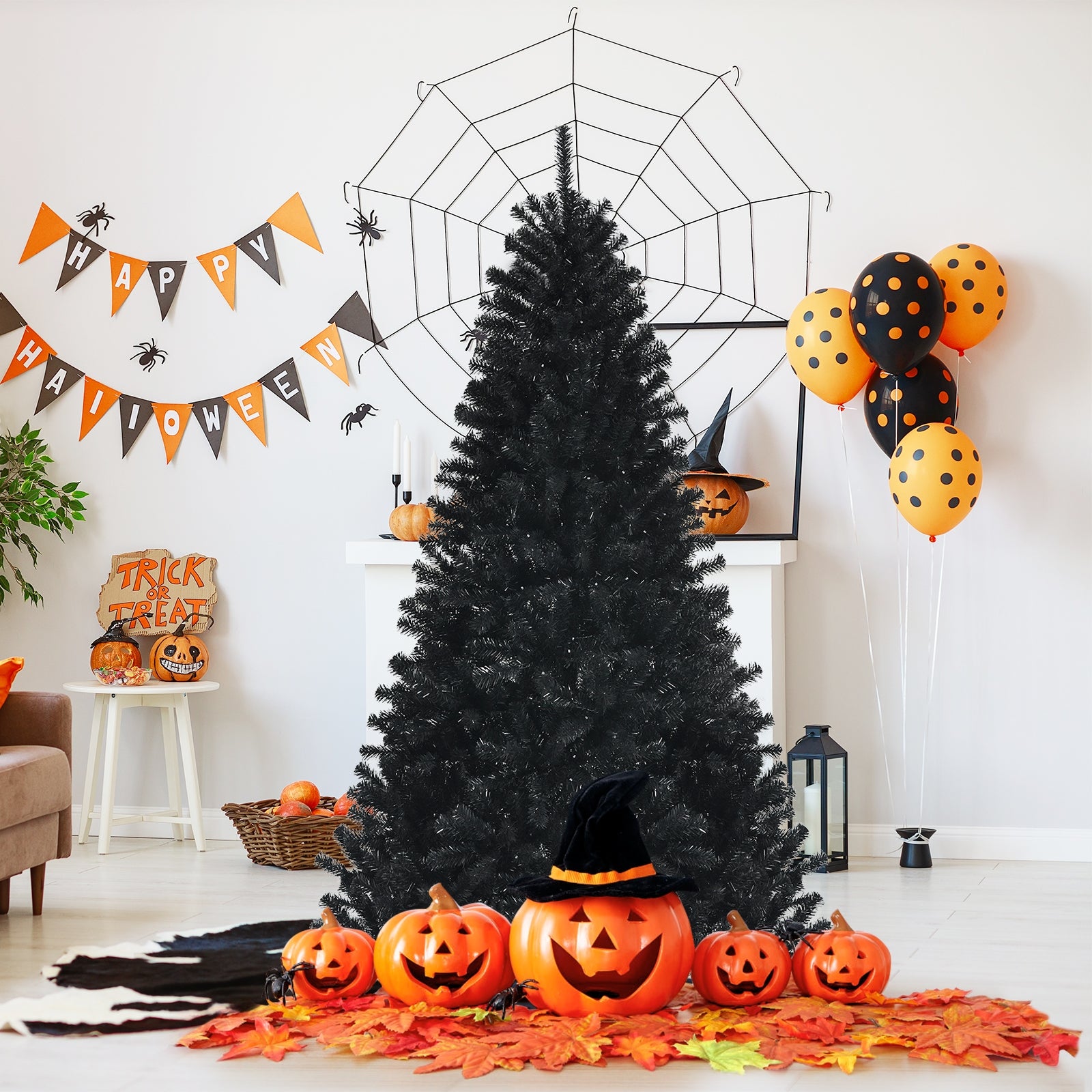Black Artificial Christmas Halloween Tree with Purple LED Lights-6 ft