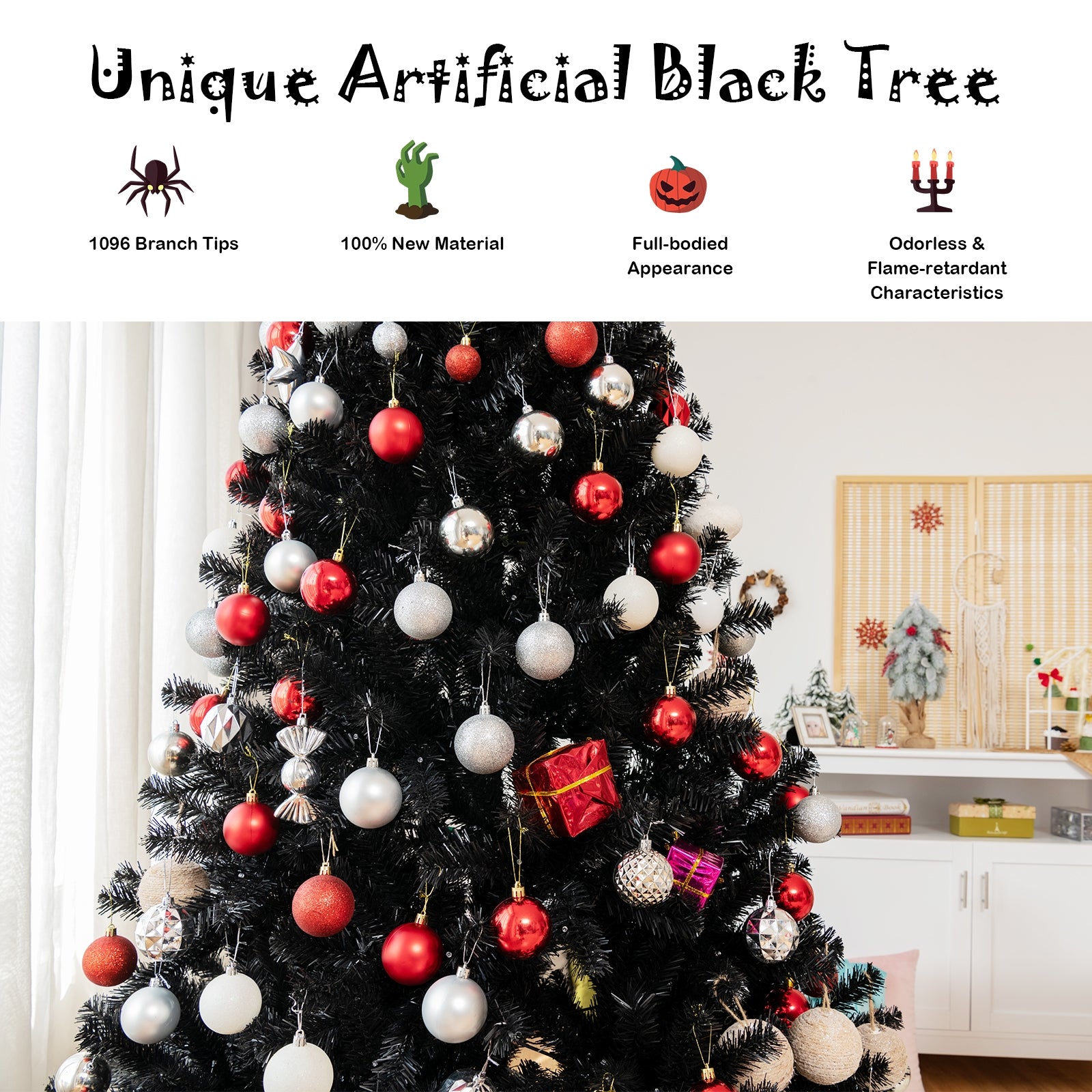 Black Artificial Christmas Halloween Tree with Purple LED Lights-7 ft
