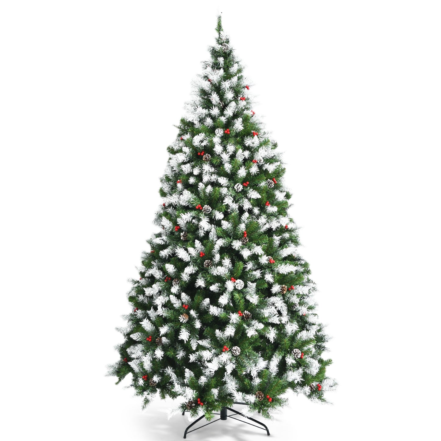 Pre-lit Snow Flocked Christmas Tree with Red Berries and LED Lights-6 ft - 7.5 Feet
