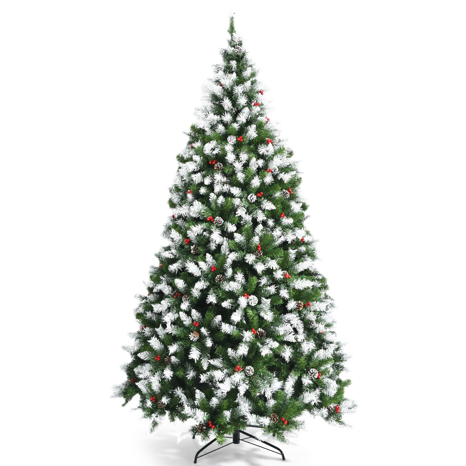 Pre-lit Snow Flocked Christmas Tree with Red Berries and LED Lights-6 ft - 7.5 Feet