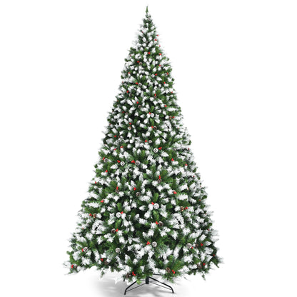 Pre-lit Snow Flocked Christmas Tree with Red Berries and LED Lights-6 ft - 9 Feet