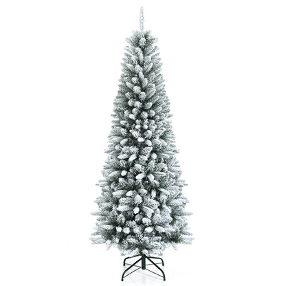 Snow-Flocked Hinged Artificial Christmas Pencil Tree with Mixed Tips-6.5 ft - 6.5 Ft