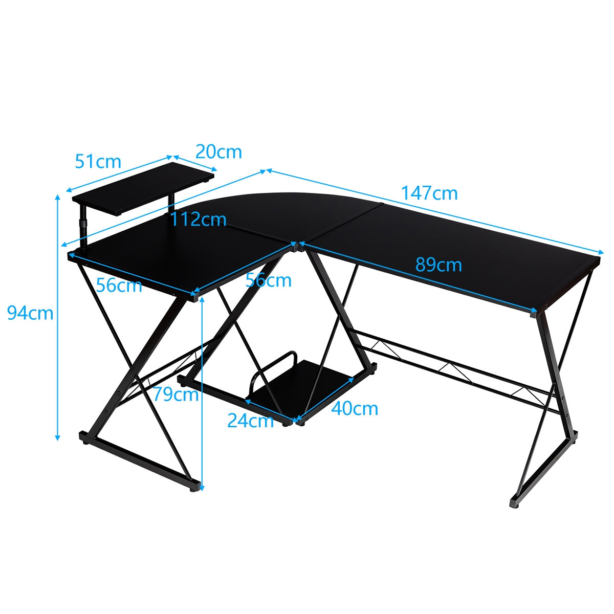 L-Shaped Desk Reversible Corner Computer Desk with Movable Shelf and CPU Stand-Black