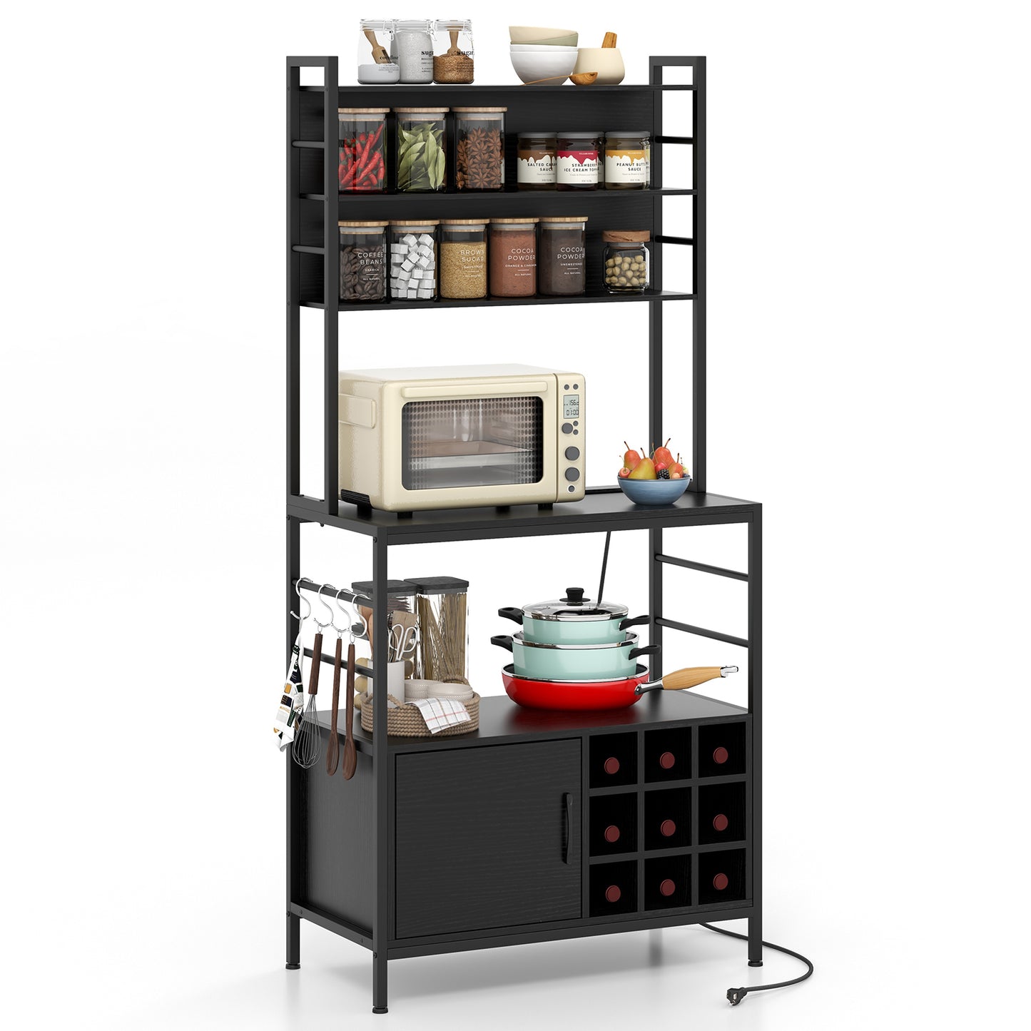 Coffee Bar Cabinet with S-Shaped Hooks and Wine Bottle Holders-Black - Black