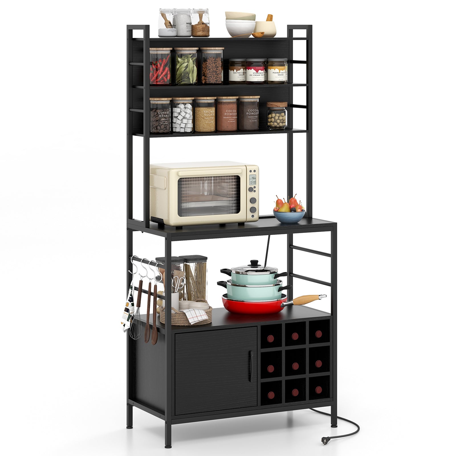 Coffee Bar Cabinet with S-Shaped Hooks and Wine Bottle Holders-Black - Black