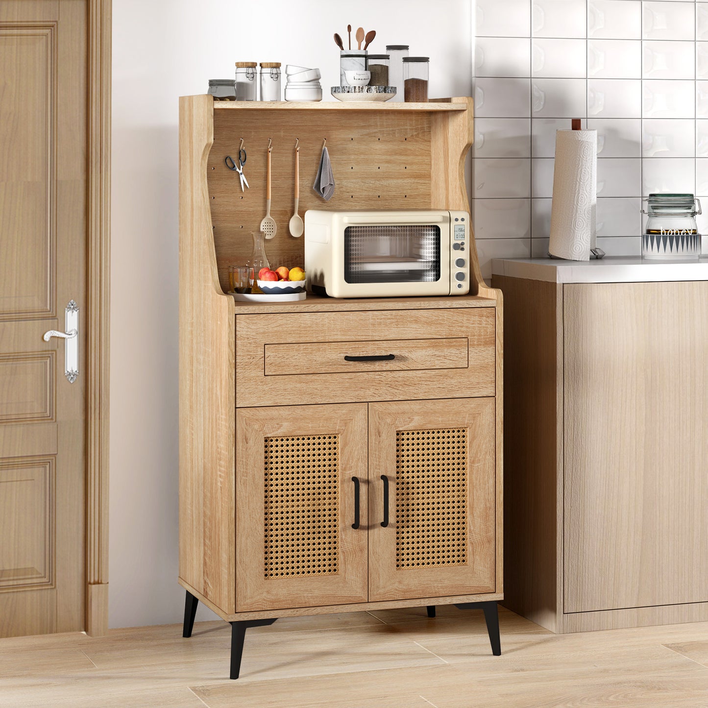 Coffee Bar Cabinet with Pegboard Storage Drawer and Adjustable Shelf-Oak