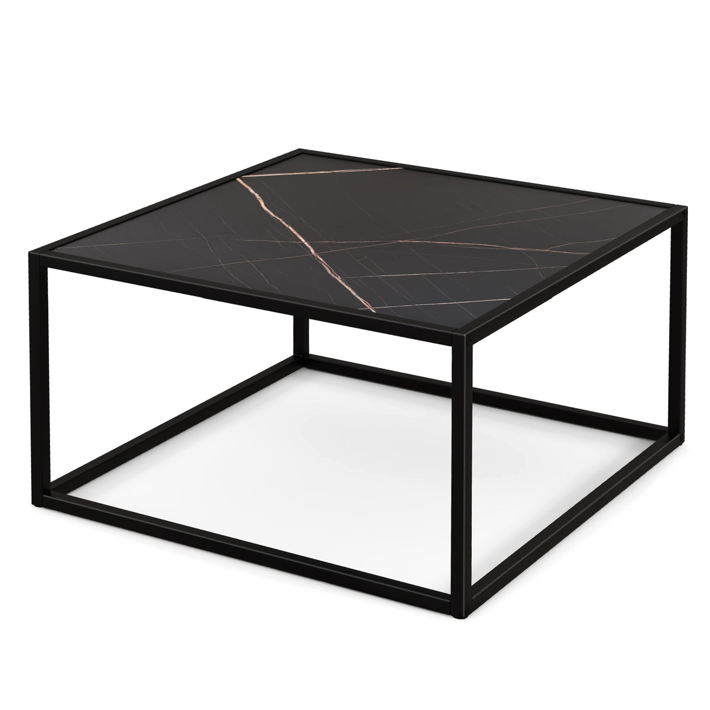 Modern Glass Square Coffee Table with Metal Frame for Living Room-Black - Black