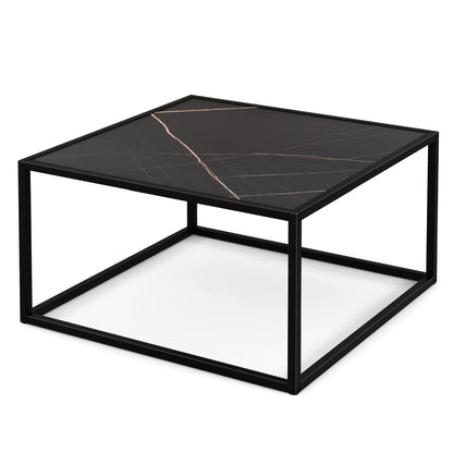 Modern Glass Square Coffee Table with Metal Frame for Living Room-Black - Black