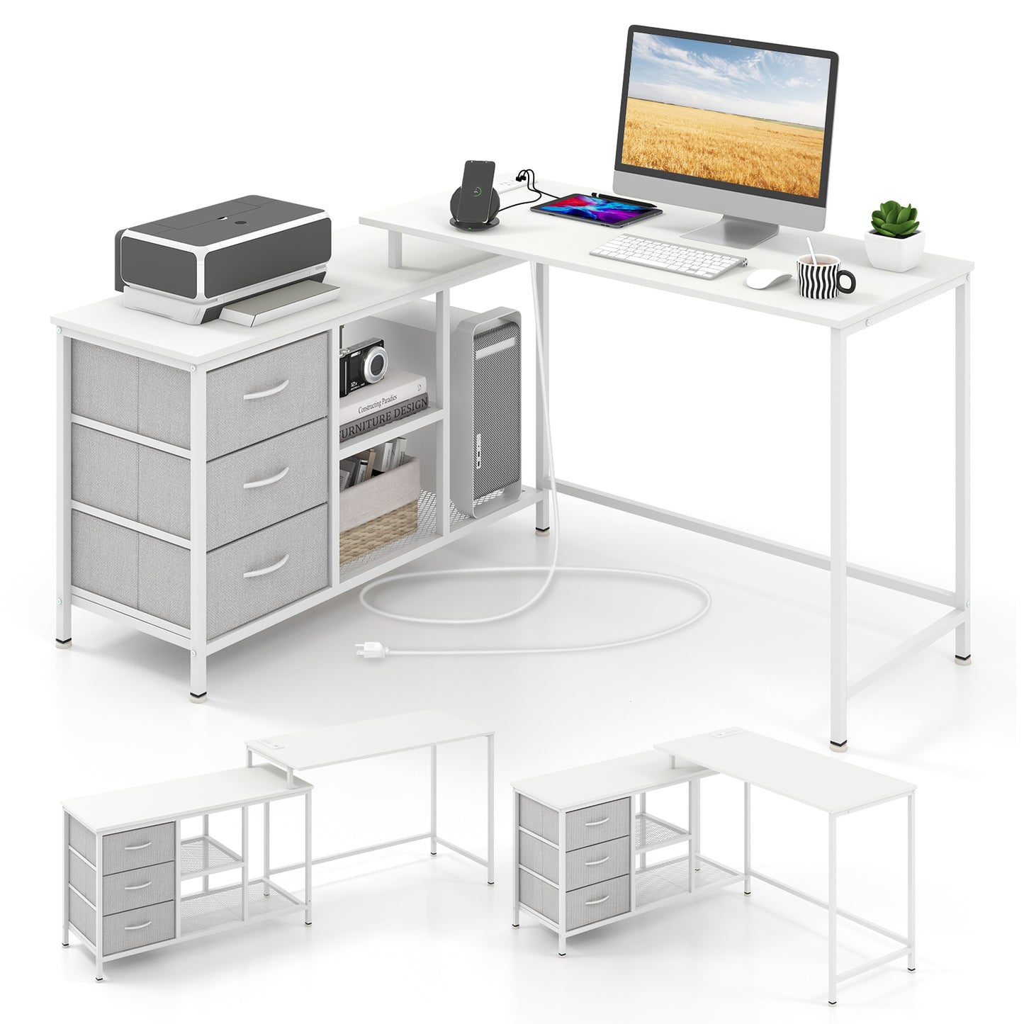 L-shaped Computer Desk with Power Outlet for Working Studying Gaming-Rustic Brown - White