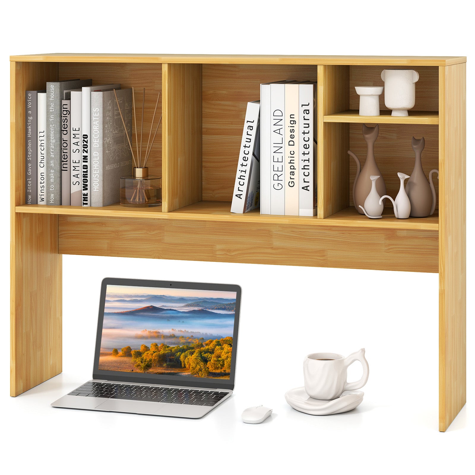 Computer Desktop Bookcase with 4 Cubbies and Open Back Compartment-Black - Beige